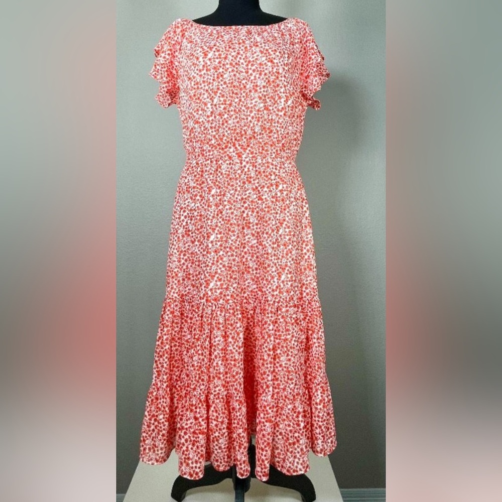J. Crew Tiered Midi Dress Coral Chiffon Lined Size 12
